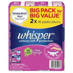 Whisper Cottony Soft Overnight Wing 28cm 2x16s Whisper Cottony Soft Overnight Wing 28cm 2x16s