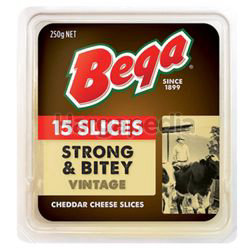 Bega Strong & Bitey Vintage Cheese Slice 250gm Bega Strong & Bitey Vintage Cheese Slice 250gm