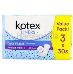 Kotex Fresh Pantyliner Longer & Wider Unscented 3x30s Kotex Fresh Pantyliner Longer & Wider Unscented 3x30s