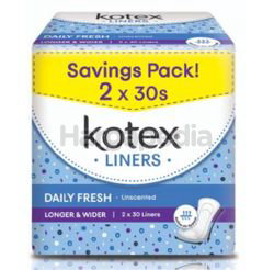 Kotex Fresh Pantyliner Longer & Wider Unscented 2x30s Kotex Fresh Pantyliner Longer & Wider Unscented 2x30s